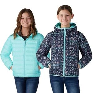 Eddie Bauer Reversible Puffer Down Jacket Teal Blue Ditsy Floral Kids Sz L 14 16